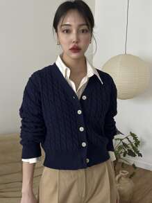 DAZY Cárdigan de punto liso y casual, para otoño e invierno, chaqueta de manga larga - Azul Marino - Ver 2