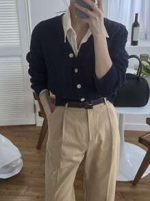 DAZY Cárdigan de punto liso y casual, para otoño e invierno, chaqueta de manga larga - Azul Marino - Ver 4