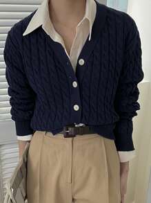 DAZY Cárdigan de punto liso y casual, para otoño e invierno, chaqueta de manga larga - Azul Marino - Ver 5