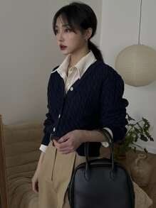 DAZY Cárdigan de punto liso y casual, para otoño e invierno, chaqueta de manga larga - Azul Marino - Ver 6