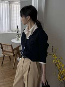 DAZY Cárdigan de punto liso y casual, para otoño e invierno, chaqueta de manga larga - Azul Marino - Ver 8