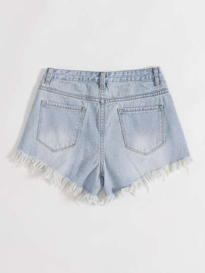 SHEIN EZwear 破洞毛邊緣牛仔短褲