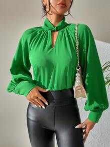 SHEIN Privé 鎖眼領口燈籠袖襯衫 - 綠色 - 查看 3