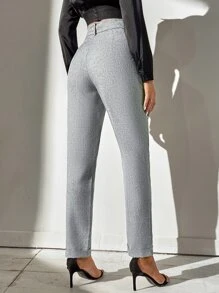 SHEIN Tall Solid Belted Zip Fly Trousers - Grey - View 2