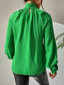 SHEIN Privé 鎖眼領口燈籠袖襯衫 - 綠色 - 查看 2