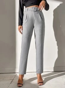 SHEIN Tall Solid Belted Zip Fly Trousers - Grey - View 4