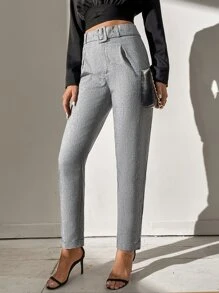 SHEIN Tall Solid Belted Zip Fly Trousers - Grey - View 6