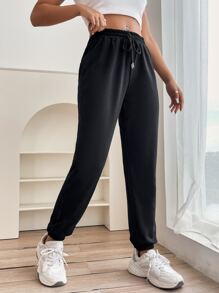 SHEIN PETITE 素色腰部抽繩衛褲 - 黑色 - 查看 4