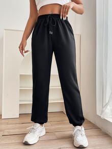 SHEIN PETITE 素色腰部抽繩衛褲 - 黑色 - 查看 5