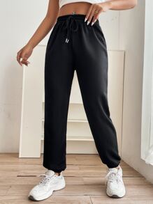 SHEIN PETITE 素色腰部抽繩衛褲 - 黑色 - 查看 3