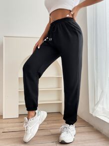 SHEIN PETITE 素色腰部抽繩衛褲 - 黑色 - 查看 6