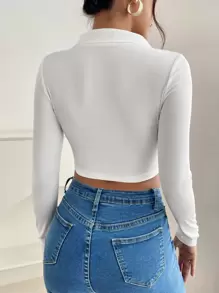 SHEIN PETITE Solid Ribbed Crop Tee - White - View 3