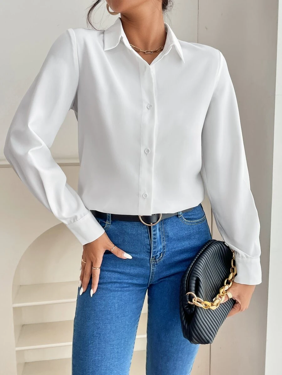 SHEIN PETITE Solid Button Front White Shirt,Long Sleeve Tops - White - View 1