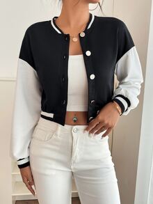 SHEIN PETITE Cazadora tipo bomber ribete de rayas de color combinado de hombros caídos - Blanco y Negro - Ver 3