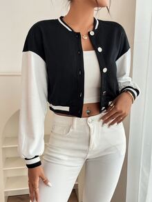 SHEIN PETITE Cazadora tipo bomber ribete de rayas de color combinado de hombros caídos - Blanco y Negro - Ver 4