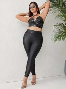 SHEIN Unity Plus Patched Pocket PU Leather Leggings - Black - View 2