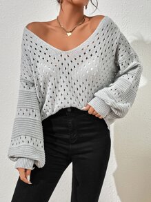 SHEIN Essnce 1 pieza Jersey tejido abierto de cuello V profundo de hombros caídos - Gris Claro - Ver 3