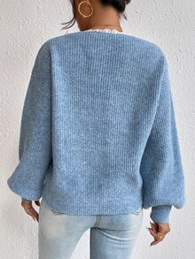 Áo len nữ Tương phản ren màu trơn Giải trí - Màu xanh bụi bặm - Xem 2