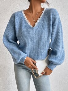 Áo len nữ Tương phản ren màu trơn Giải trí - Màu xanh bụi bặm - Xem 3