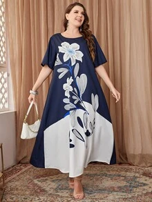 Mulvari Plus Floral Print Tunic Dress - Navy Blue - View 3