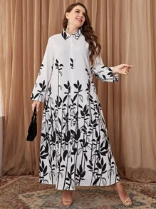 Modelyn Plus Leaves Print Shirt Dress - Black and White - View 1