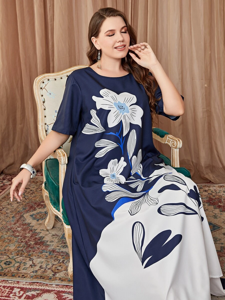 Mulvari Plus Floral Print Tunic Dress - Navy Blue - View 1