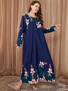 Al Najma Vestido de manga larga modesto con estampado floral de talla grande - Azul Marino - Ver 4