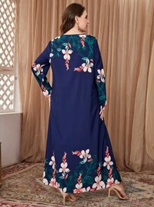 Al Najma Vestido de manga larga modesto con estampado floral de talla grande - Azul Marino - Ver 2
