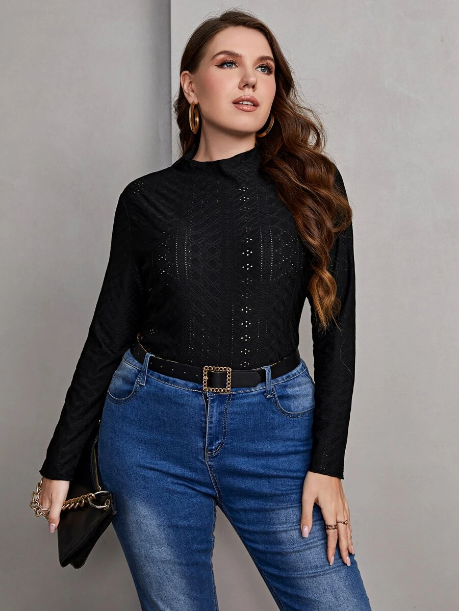 Mulvari Plus Mock Neck Eyelet Embroidery Tee - Black - View 1