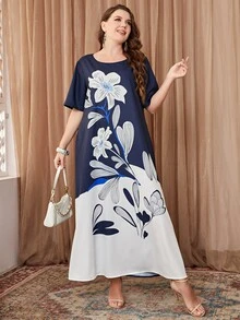 Mulvari Plus Floral Print Tunic Dress - Navy Blue - View 4