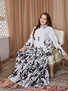 Modelyn Plus Leaves Print Shirt Dress - Black and White - View 4