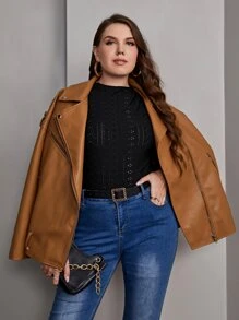 Mulvari Plus Mock Neck Eyelet Embroidery Tee - Black - View 3