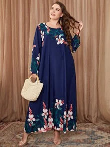 Al Najma Vestido de manga larga modesto con estampado floral de talla grande - Azul Marino - Ver 3