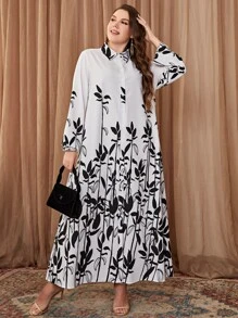 Modelyn Plus Leaves Print Shirt Dress - Black and White - View 5