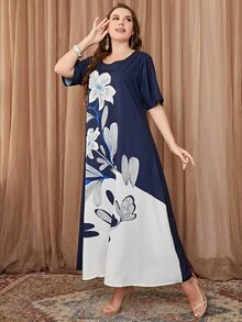 Mulvari Plus Floral Print Tunic Dress - Navy Blue - View 5