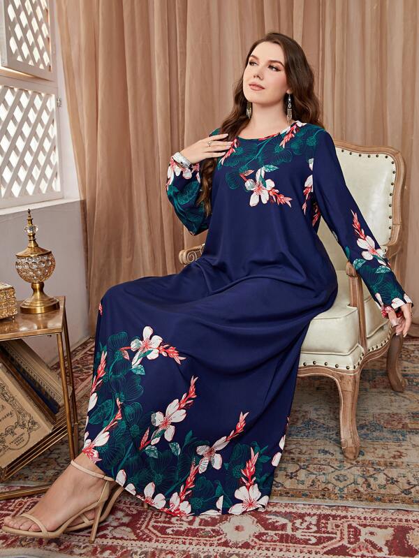 Al Najma Vestido de manga larga modesto con estampado floral de talla grande