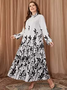 Modelyn Plus Leaves Print Shirt Dress - Black and White - View 6