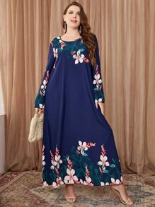 Al Najma Vestido de manga larga modesto con estampado floral de talla grande - Azul Marino - Ver 5