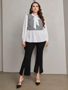 Mulvari 大碼格子圖案繫帶領荷葉邊下擺襯衫 - 黑與白 - 查看 3