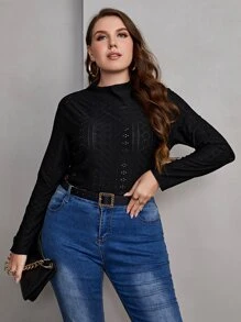 Mulvari Plus Mock Neck Eyelet Embroidery Tee - Black - View 6