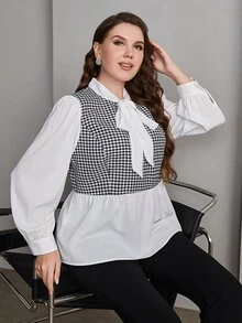 Mulvari 大碼格子圖案繫帶領荷葉邊下擺襯衫 - 黑與白 - 查看 4