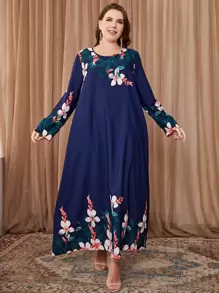 Al Najma Vestido de manga larga modesto con estampado floral de talla grande - Azul Marino - Ver 6