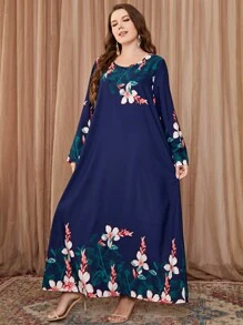 Al Najma Vestido de manga larga modesto con estampado floral de talla grande - Azul Marino - Ver 7