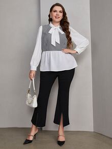 Mulvari 大碼格子圖案繫帶領荷葉邊下擺襯衫 - 黑與白 - 查看 6