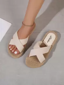 女式交叉帶麻底拖鞋涼鞋，度假簡約戶外滌綸平底涼鞋 - 米色 - 查看 1