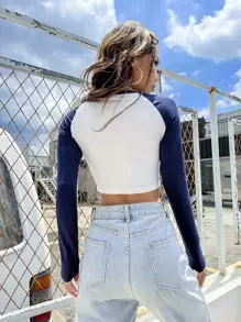 SHEIN Unity 字母圖案拼接插肩袖短款T恤 - 藍白色 - 查看 2