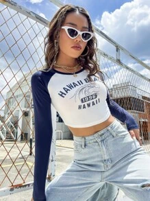 SHEIN Unity 字母圖案拼接插肩袖短款T恤 - 藍白色 - 查看 6