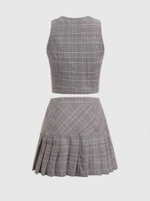 SHEIN MOD Plaid Print Button Front Blazer Vest & Pleated Hem Skirt - Multicolor - View 5