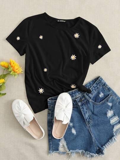 SHEIN EZwear Ropa De Verano Camiseta Bordada Floral