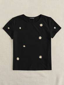 SHEIN EZwear Summer Outfits Floral Embroidered Tee - Black - View 4
